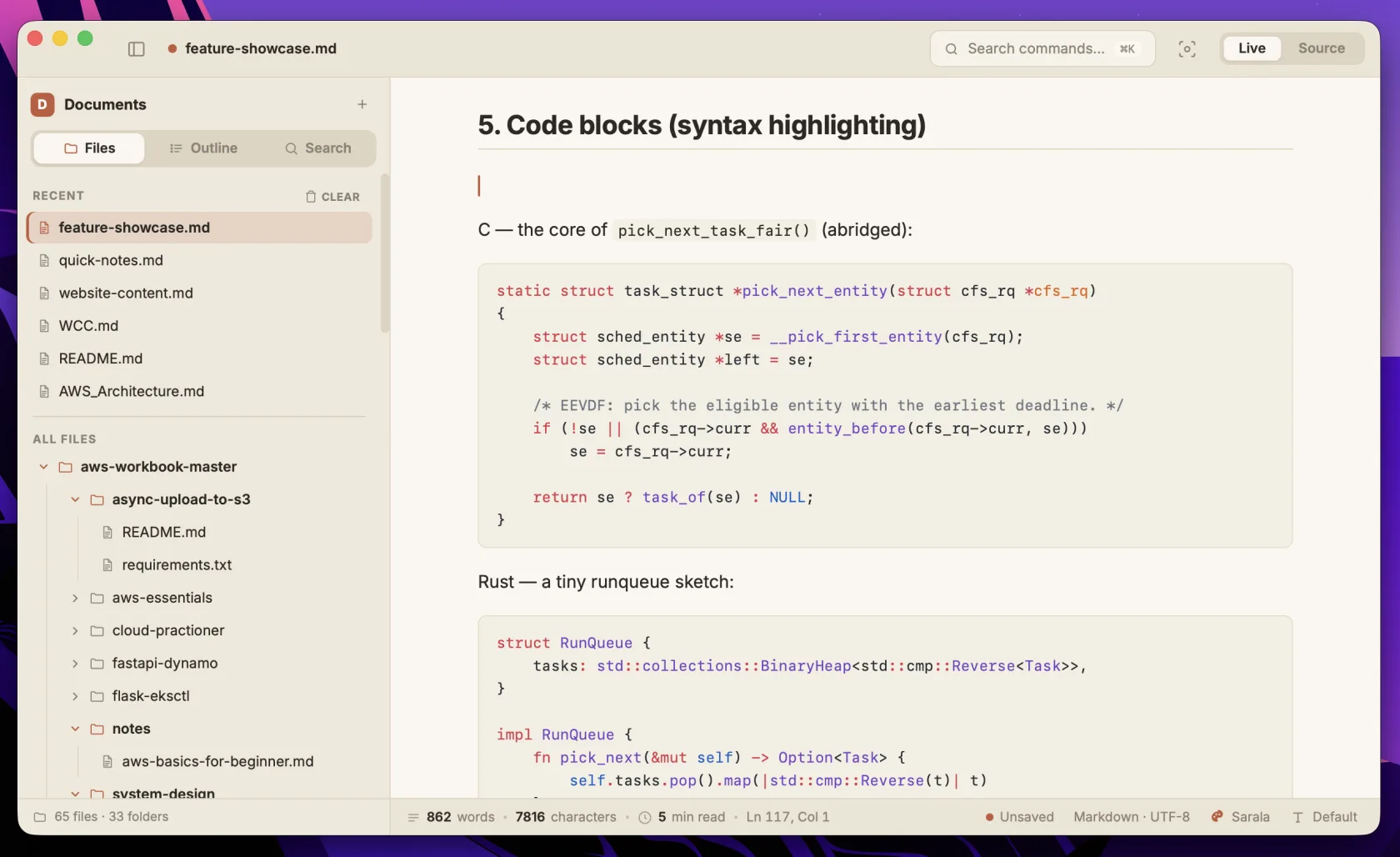 Syntax-highlighted code blocks in Sarala