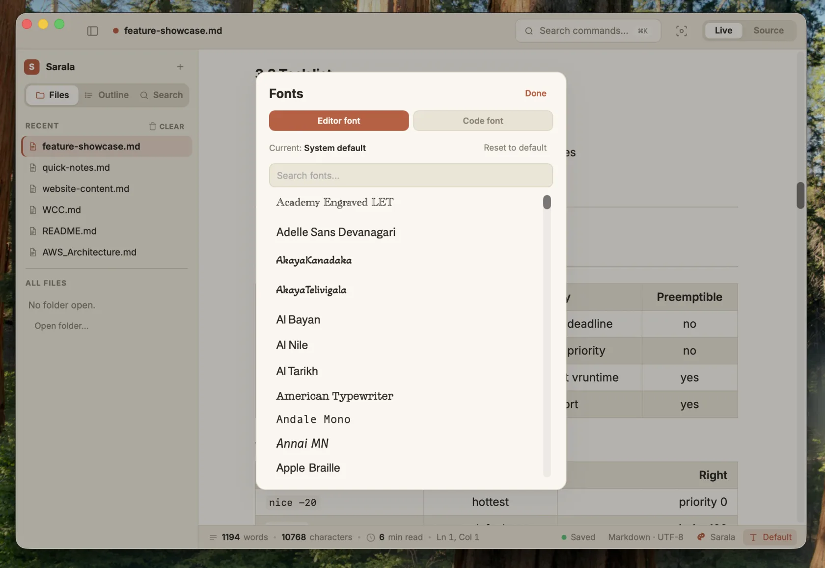 Font picker in Sarala for editor and code fonts
