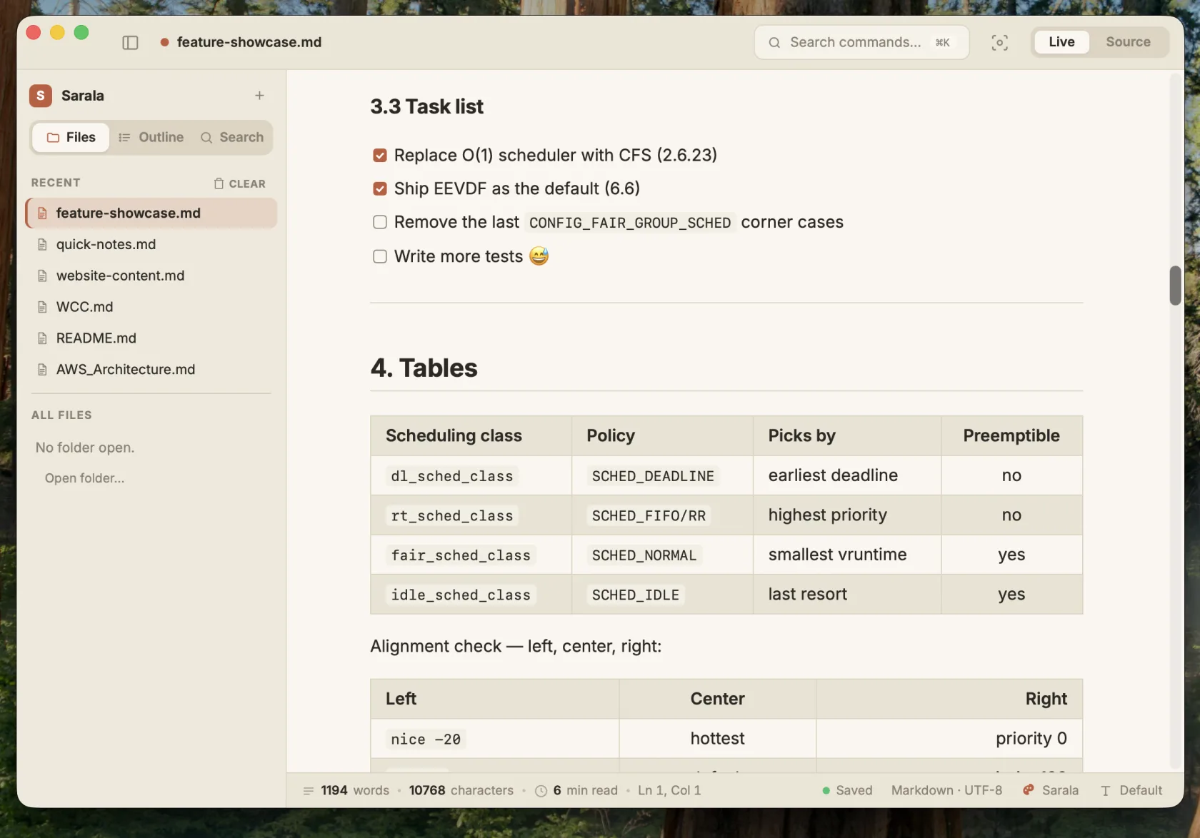 Sarala live editor rendering Markdown in the warm Sarala theme
