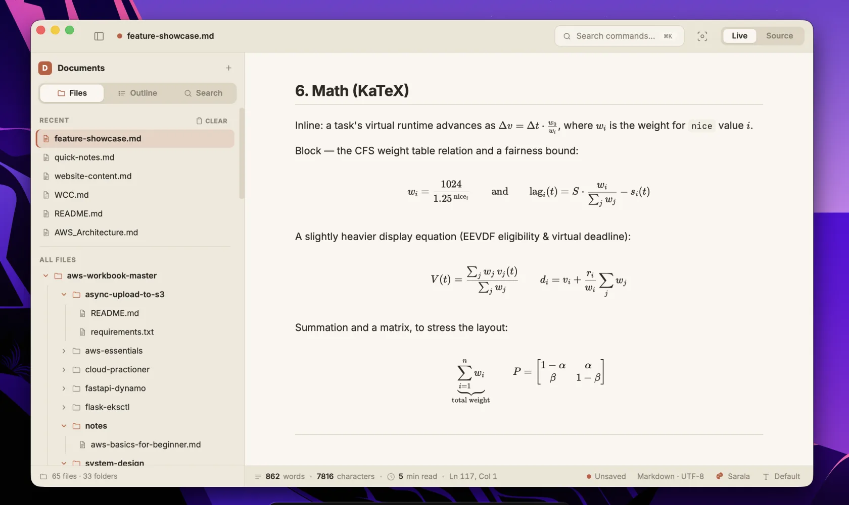 LaTeX math rendered with KaTeX in Sarala
