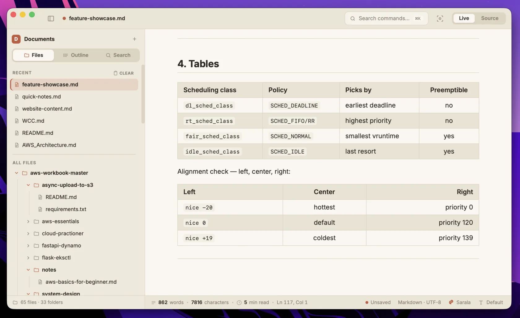 Markdown tables and task lists in Sarala